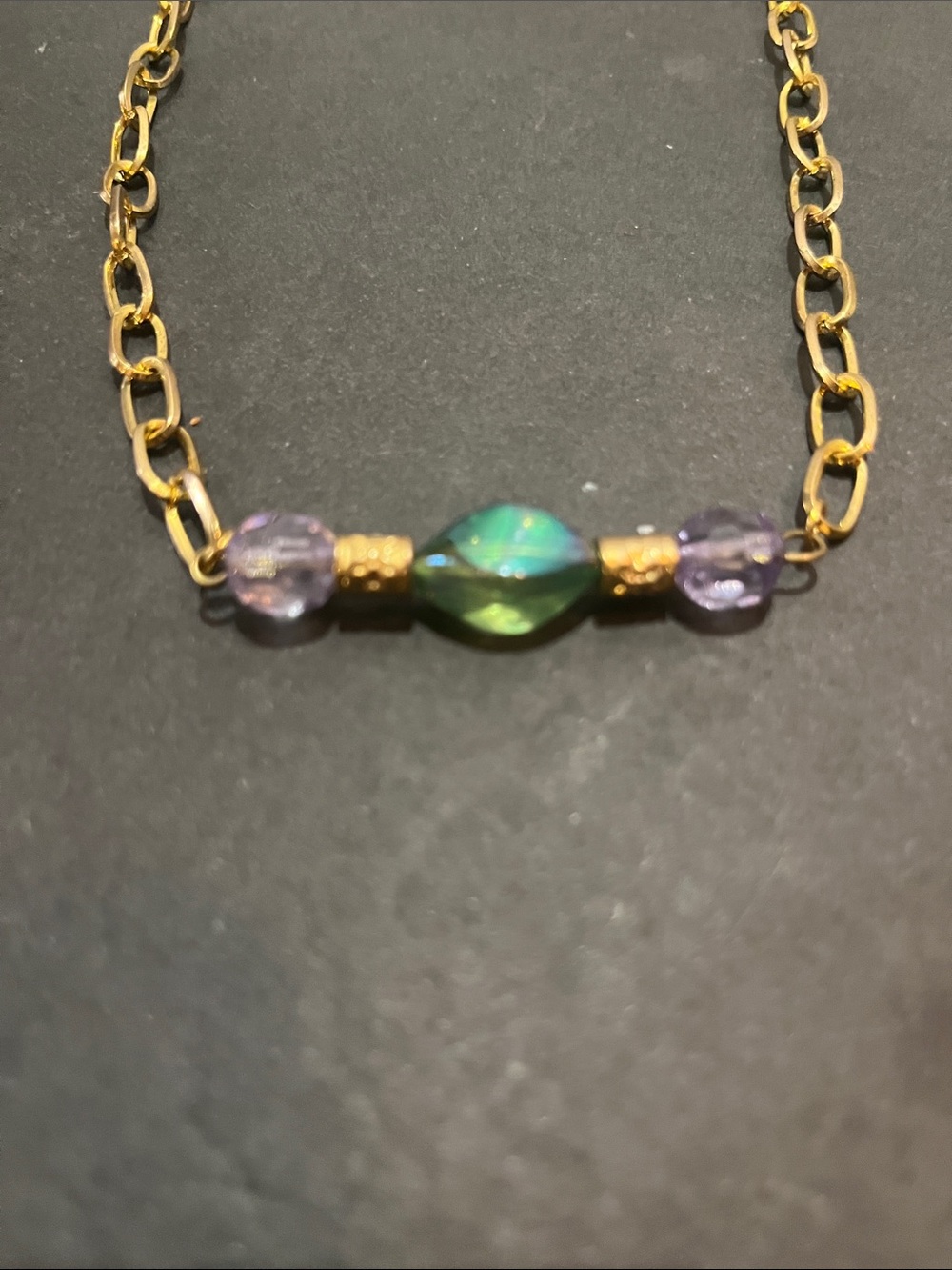 Gold Chain Necklace with Green and Light Purple Beads - Picture 2 of 2